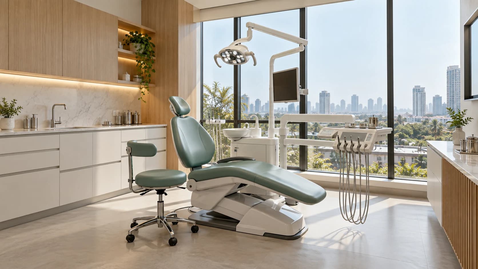 Illustrative contemporary dental treatment suite with daylight and a teal dental chair