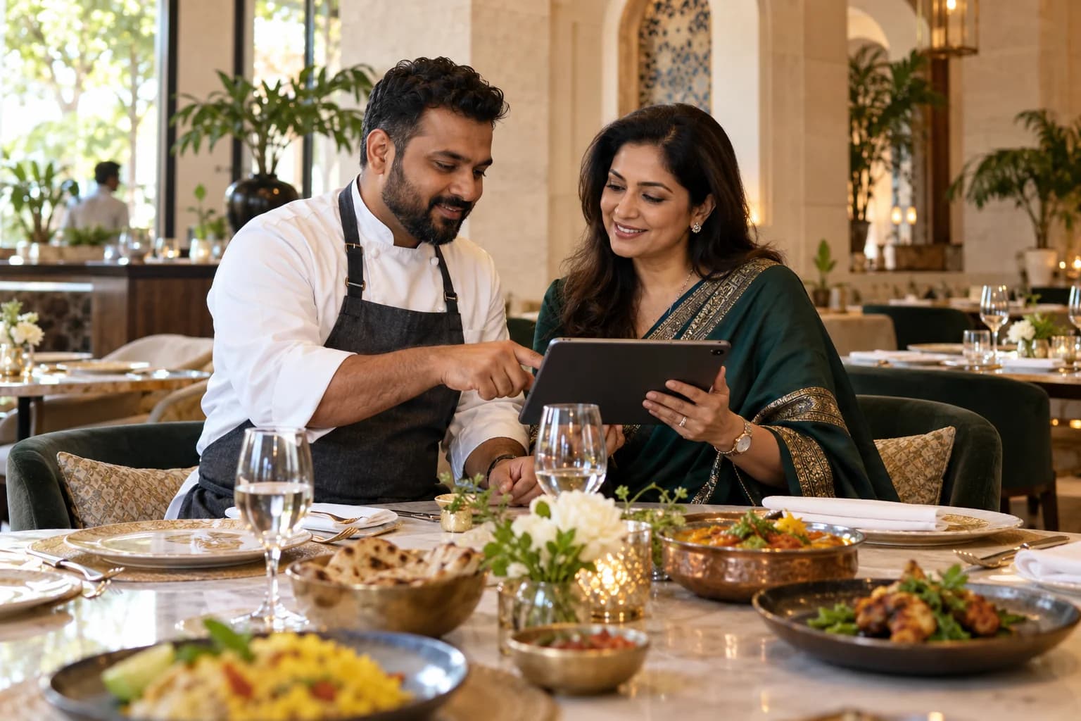 Chef and restaurant owner planning service in a contemporary Indian restaurant