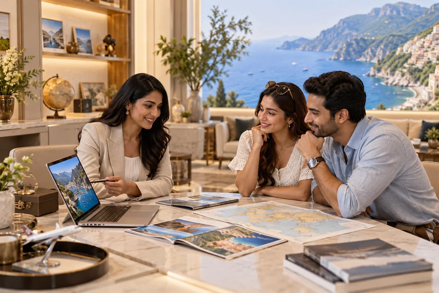 Travel consultant helping a couple plan a holiday in a premium travel studio